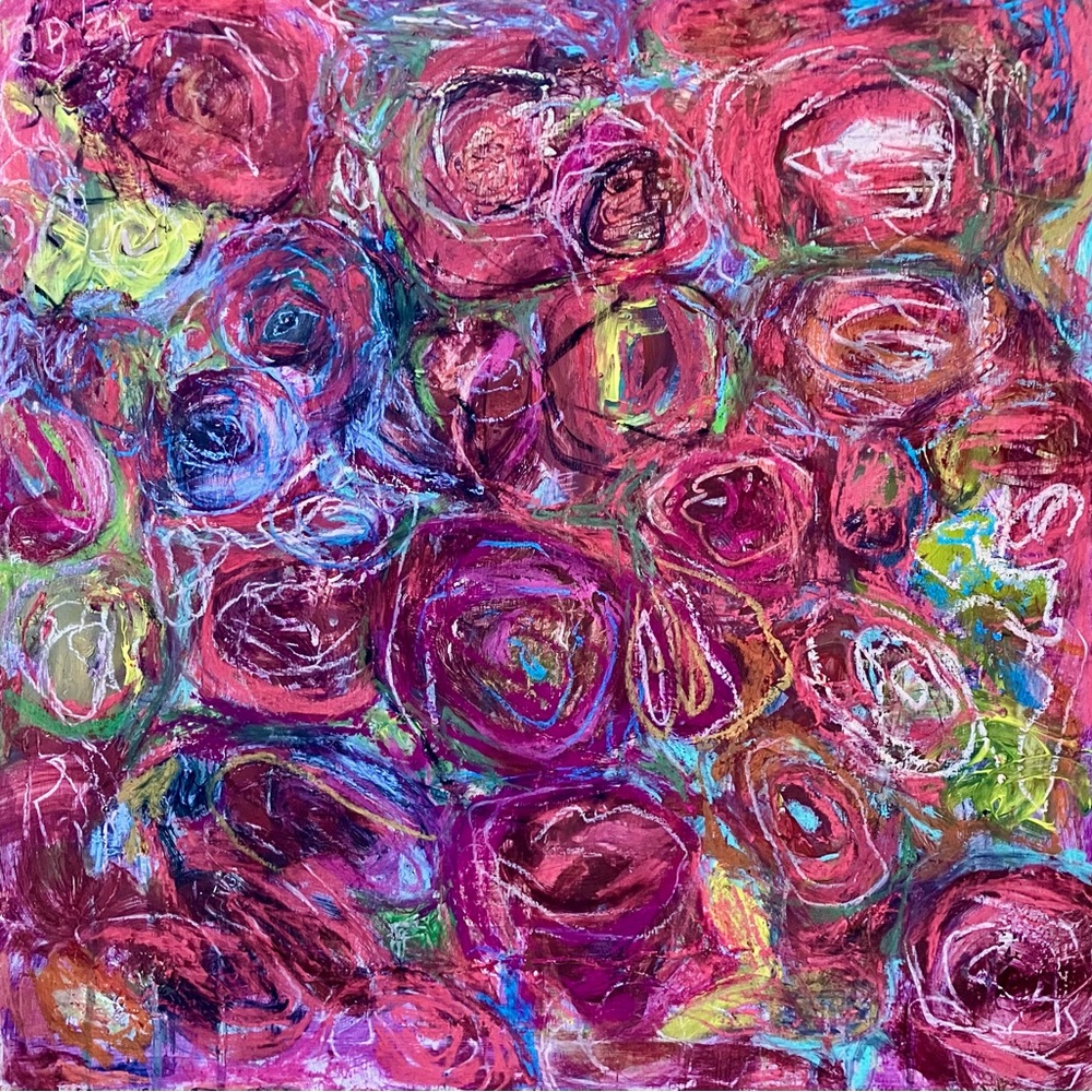 Abstract floral painting, untitled mixed media on wooden panel 21 x 21